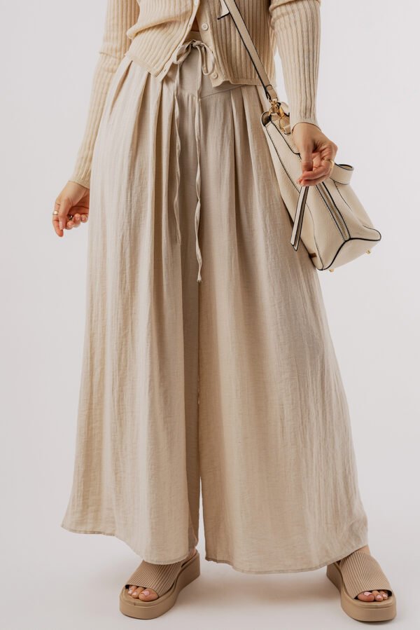 Beige Drawstring Waist Pleated Wide Leg Casual Pants