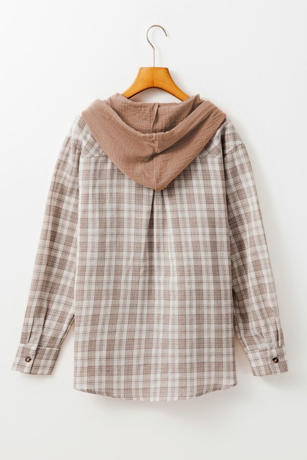 Khaki Checkered Print Loose Fit Buttoned Hooded Shacket