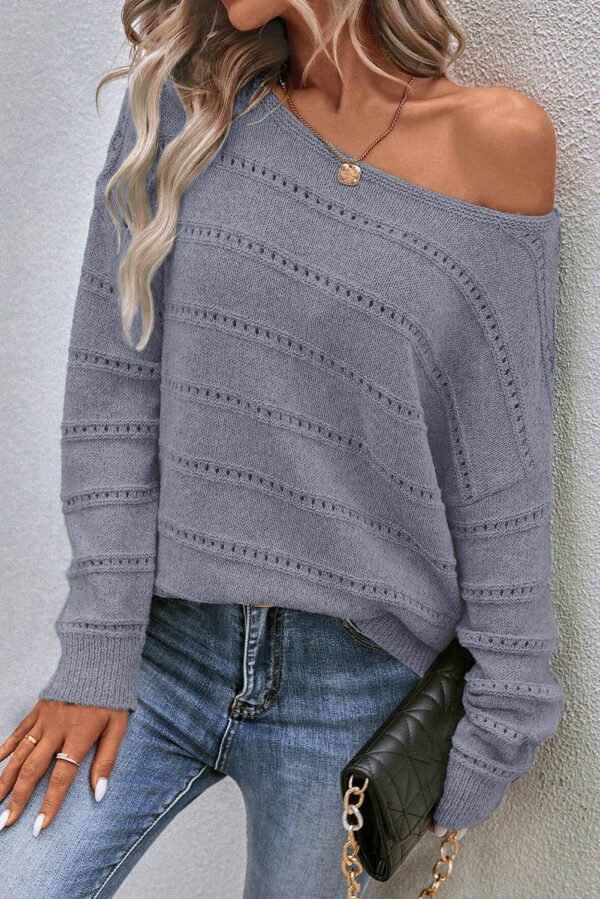 Light Grey Boat Neck Drop Shoulder Pointelle Knit Sweater