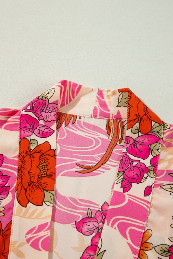 Pink Floral Allover Print Open Front Belted Duster Kimono