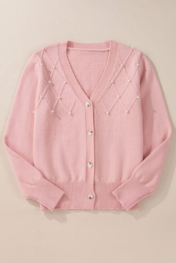 Sepia Rose Textured Knit Pearl Beaded Button Up Cardigan