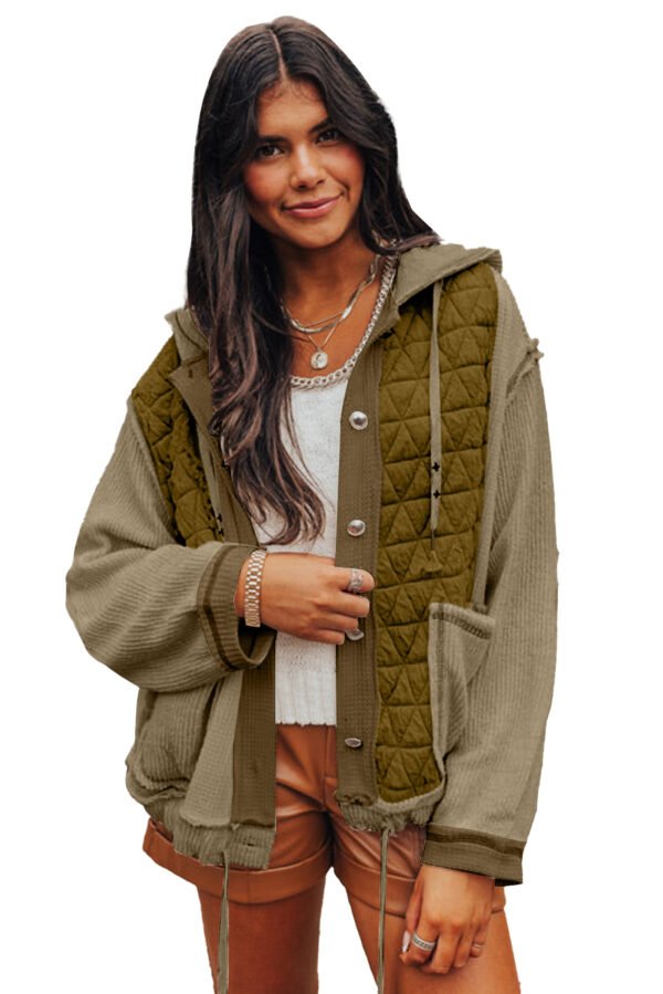 Jungle Green Quilted Textured Patchwork Loose Fit Hooded Jacket