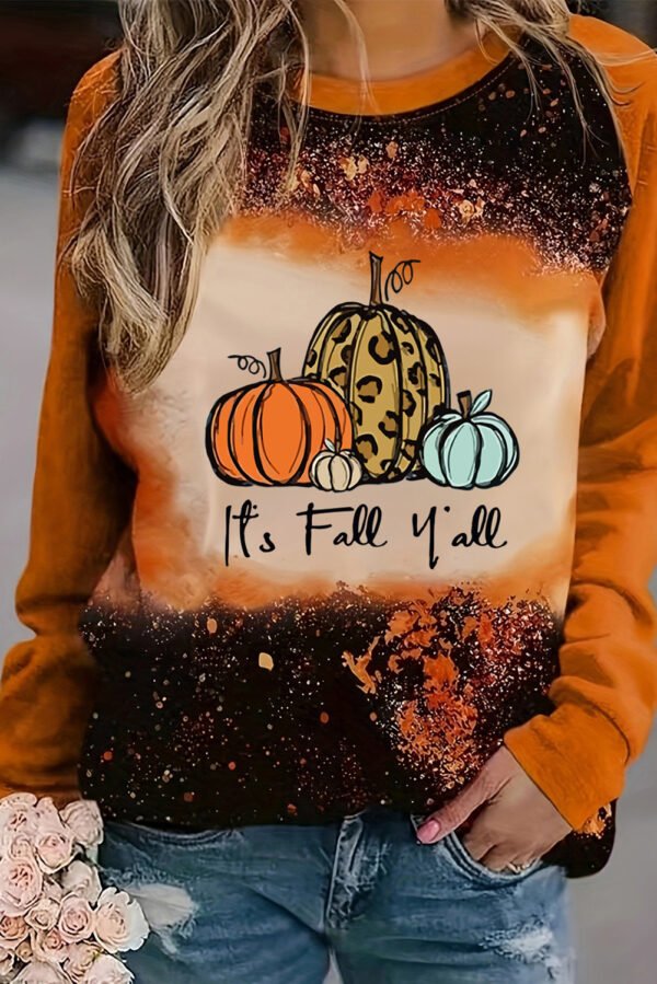 Gold Flame It’s Fall Yall Halloween Pumpkin Graphic Bleached Top