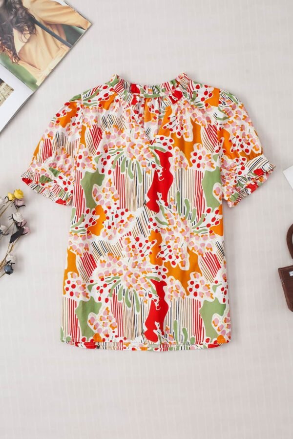 Pink Floral Print Button Frilled Short Sleeve Blouse