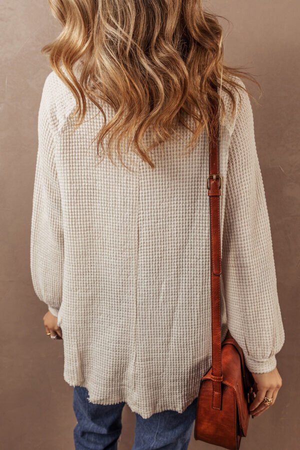 Oatmeal Waffle Knit Buttoned Front Raglan Sleeve Loose Blouse