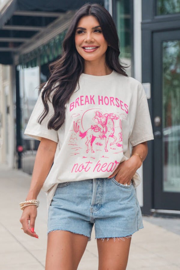 White Western BREAK HORSES Cowboy Graphic Crewneck T Shirt