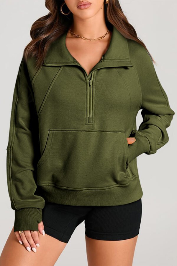 Moss Green Quarter Zip Stand Neck Kangaroo Pocket Sweatshirt