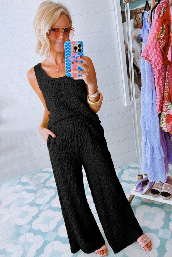 Black Crinkled U Neck Tank Top and Wide Leg Pants Set