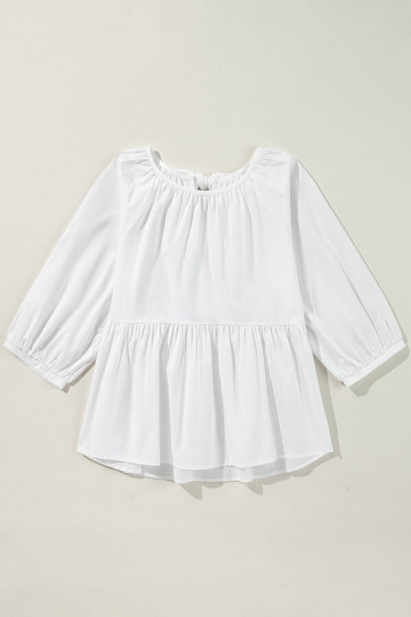 White Bow Knot Cutout Back Loose Fit 3/4 Sleeve Blouse