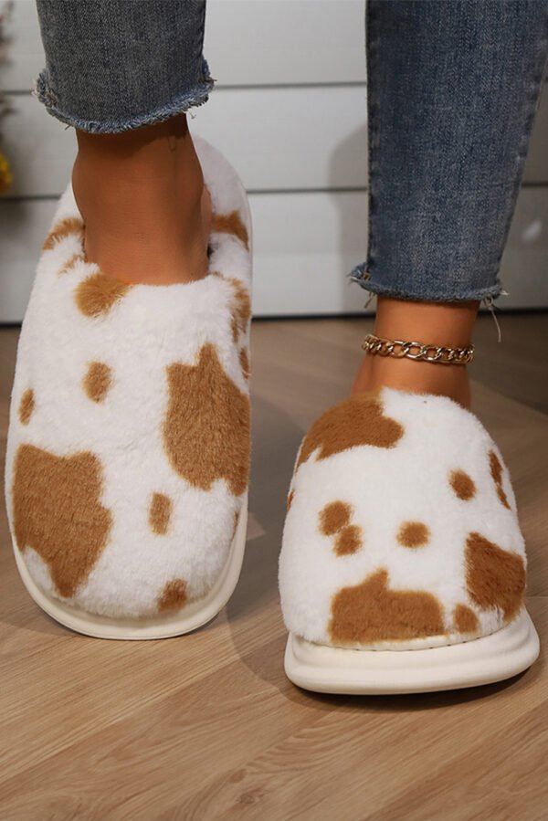 Chestnut Cow Spot Printed Plush Home Slippers