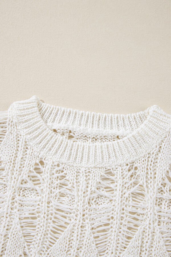 White Cut Out Crochet Crew Neck Loose Fit Sweater