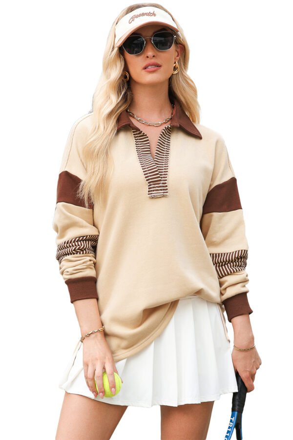 Light French Beige Striped Colorblock Patchwork Collar Sweatshirt