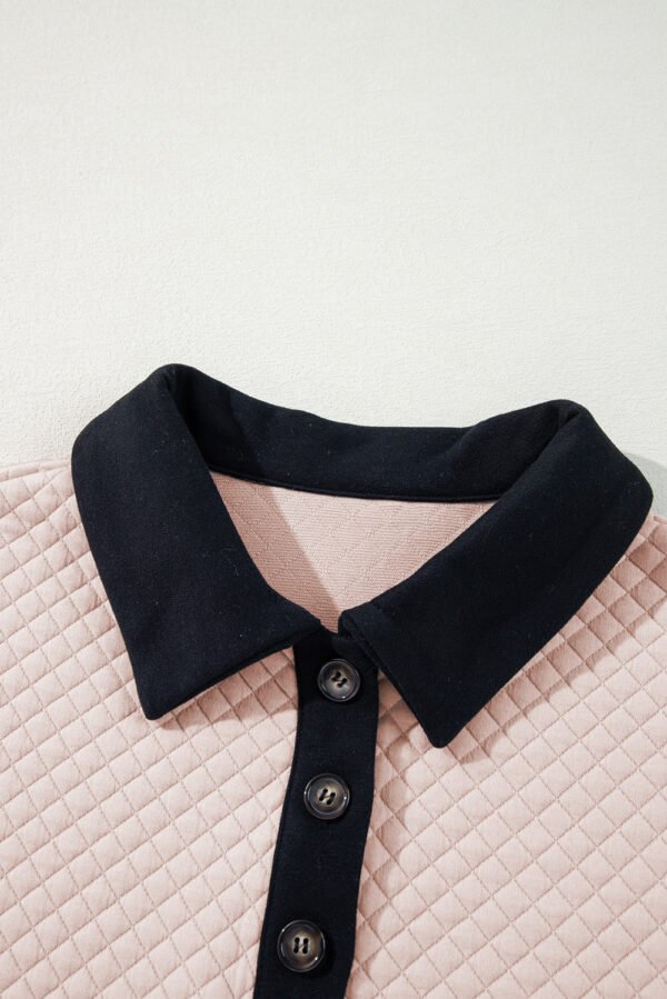 Oatmeal Textured Colorblock Edge Buttoned Collar Sweatshirt