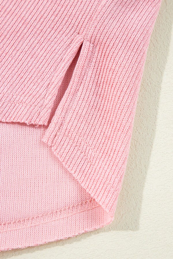 Pink Ribbed Knit Collared Henley Top with Chest Pocket