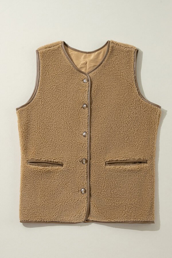 Camel Leather Contrast Side Pockets Buttoned Fleece Vest