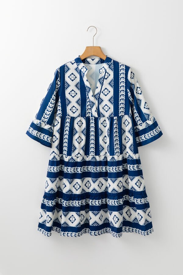 Blue Geometric Print V Neck Ruffled Dress