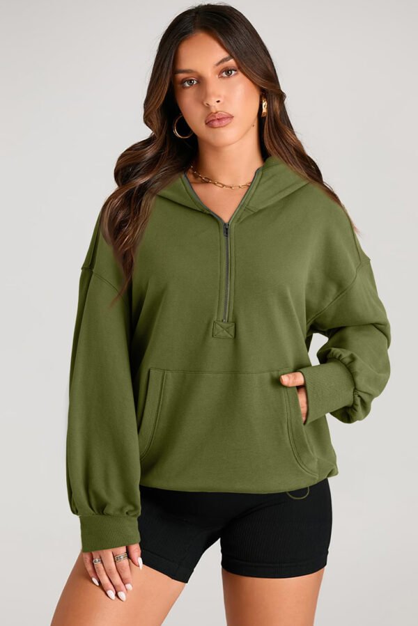 Moss Green Solid Kangaroo Pocket Half Zipper Oversized Hoodie