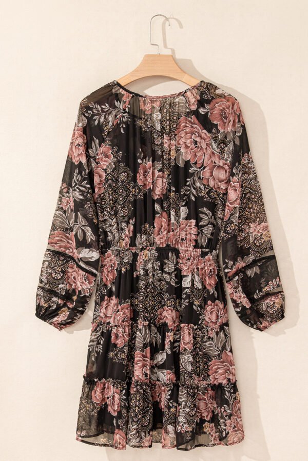 Black Vintage Floral Puff Sleeve V Neck Smock Waist Dress