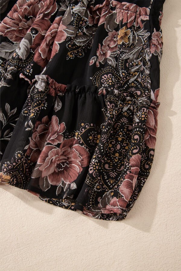 Black Vintage Floral Puff Sleeve V Neck Smock Waist Dress