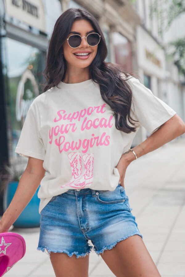 White Support Your Local Cowgirls Boots Print Crewneck Tee