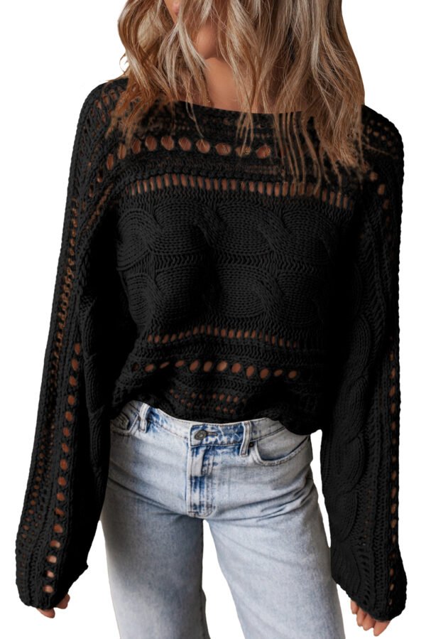 Black Hollow-out Cable Knit Cropped Sweater