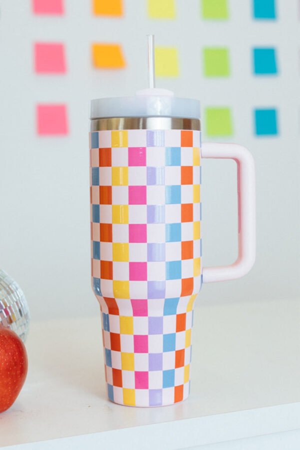 Red Colorful Checkered Print Handle Vacuum Cup 40oz