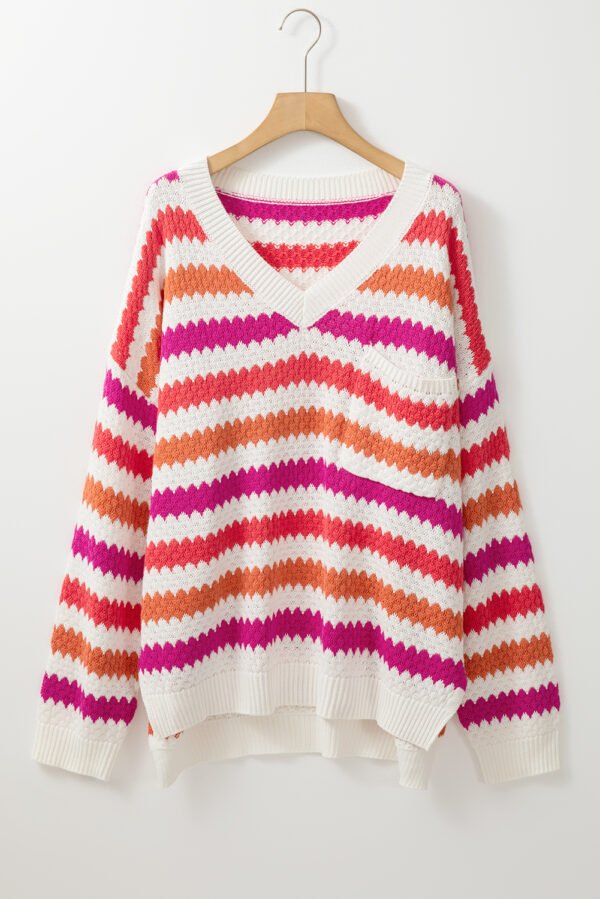 Pink Stripe V Neck Drop Shoulder Plus Size Sweater