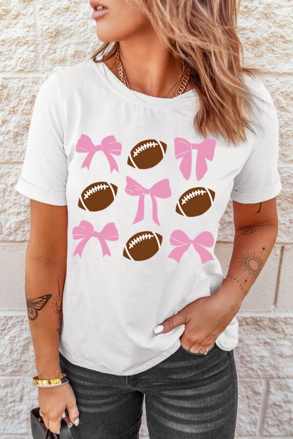 White Bowknot Rugby Football Printed Game Day T Shirt