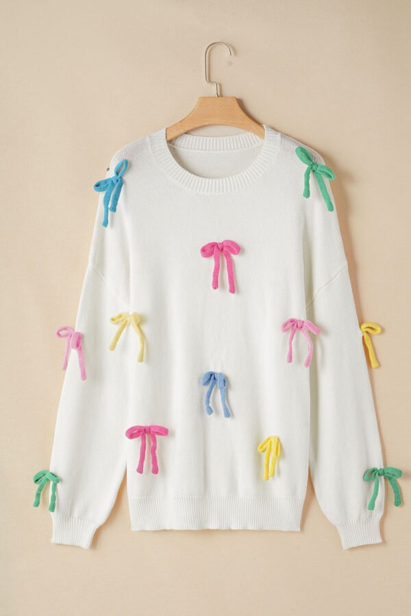 Beige Colorful Bow Knot Decor Crewneck Oversized Sweater