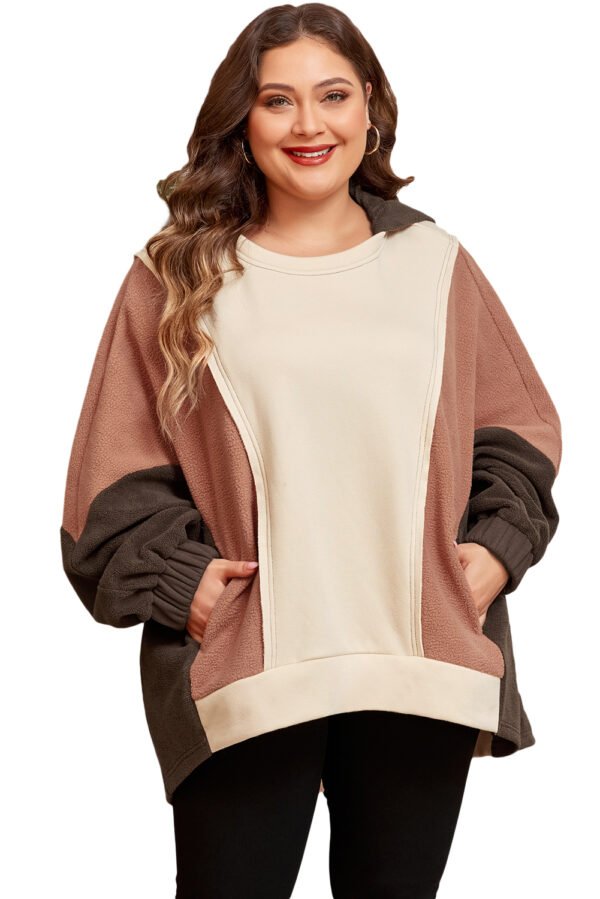 Brown Exposed Seam Colorblock Plus Size Hoodie