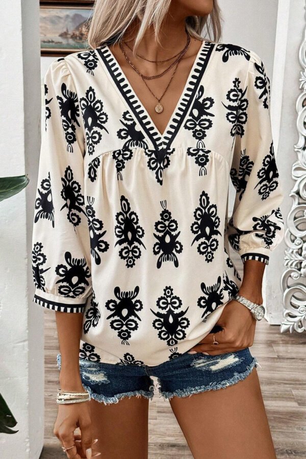 Beige Vintage Geometric Printed 3/4 Sleeve V Neck Blouse