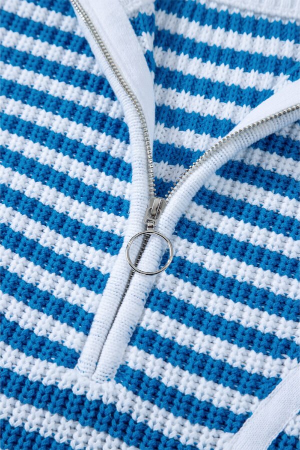 Sky Blue Stripe Zip up Collar Drop Shoulder Sweater