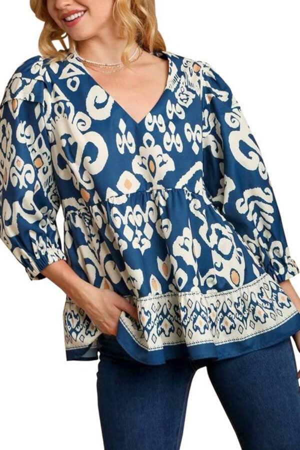 Blue Tribal Geometric Print 3/4 Sleeve Flowy Fit Blouse