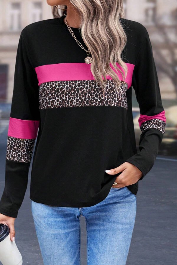 Rose Leopard Colorblock Patchwork Crew Neck Long Sleeve Tee