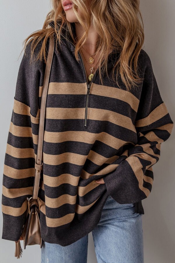 Black Stripe Collared Quarter Zipper Oversized Sweater