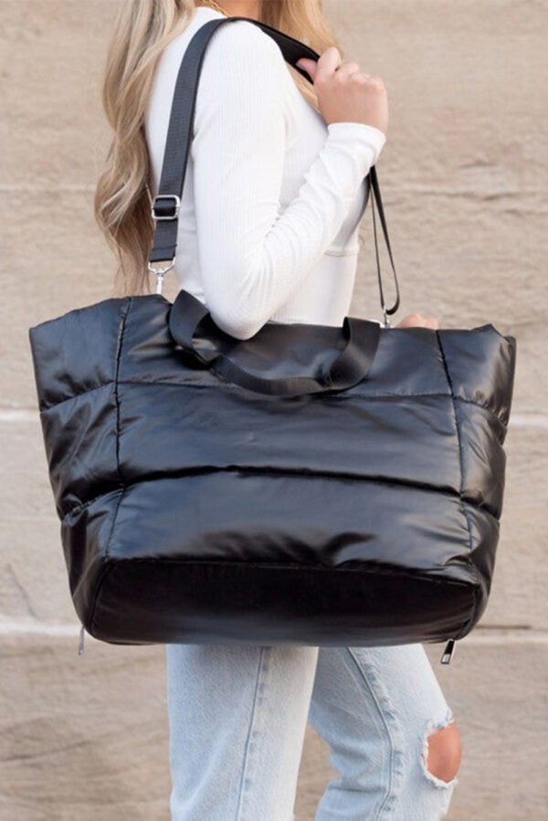 Black Solid Zipper Puffer Large Tote Bag