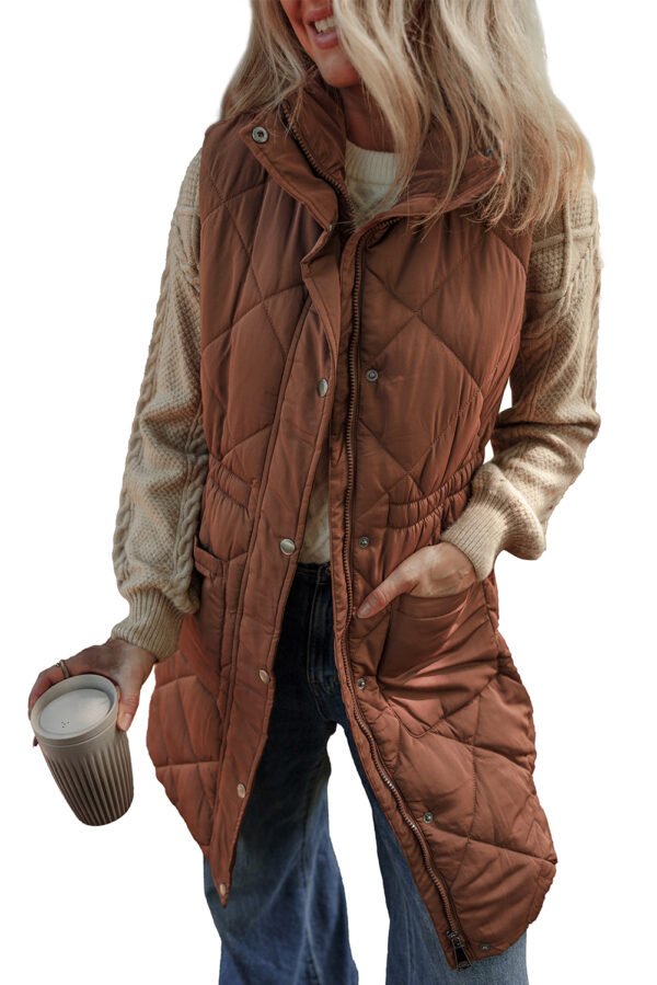 Coffee Longline Quilted Stand Collar Puffer Vest