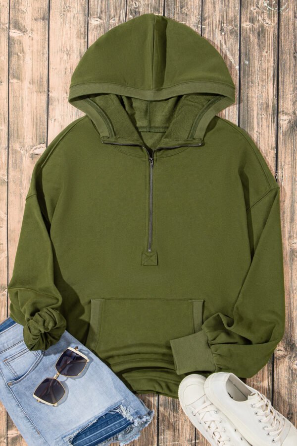 Moss Green Solid Kangaroo Pocket Half Zipper Oversized Hoodie