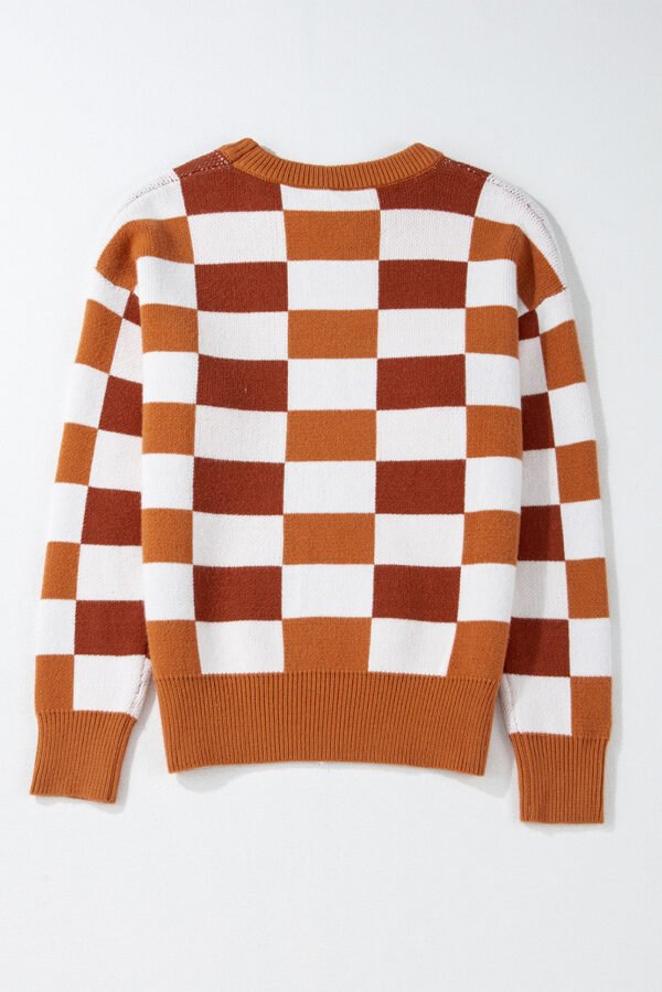 Orange Checkered Ribbed Edge O Neck Drop Shoulder Sweater