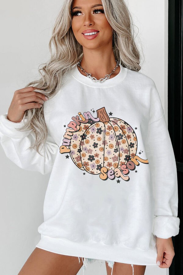 White Floral Pumpkin Season Graphic Loose Sweatshirt