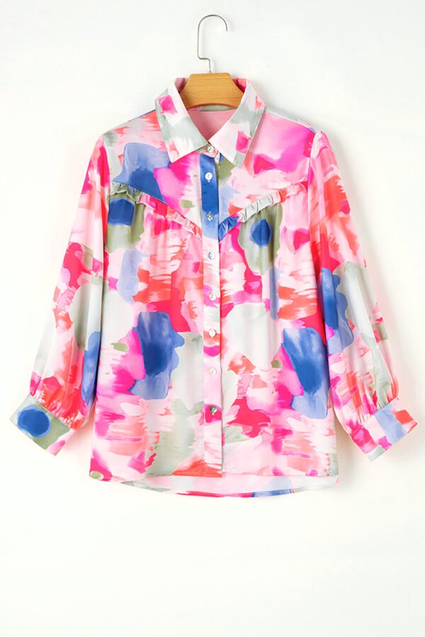 Multicolour Abstract Printed Lantern Sleeve Frilled Button Front Collared Shirt