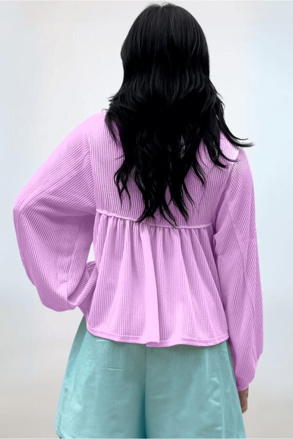 Phalaenopsis Corded Turn-down V Neck Bubble Sleeve Babydoll Blouse