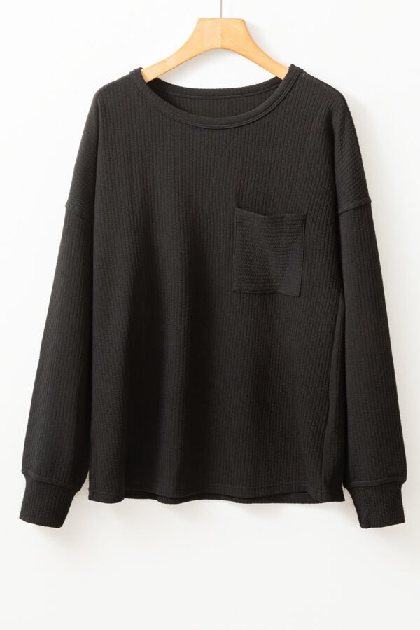 Black Solid Color Corded Drop Shoulder Long Sleeve Top