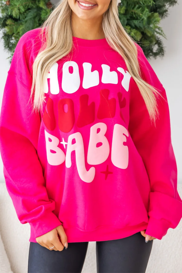 Rose Red Christmas Holly Jolly Babe Graphic Oversized Sweatshirt