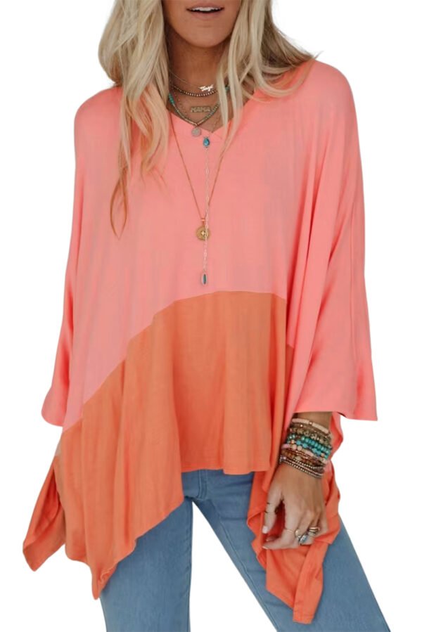 Grapefruit Orange Contrast Color Patchwork Oversized Side Split Top