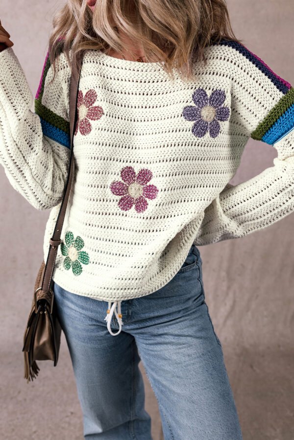 White Daisy Flower Pointelle Knit Sweater