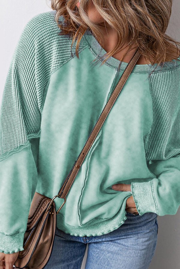 Mineral Blue Textured Patchwork Frilled Trim Plus Size Pullover Sweatshirt