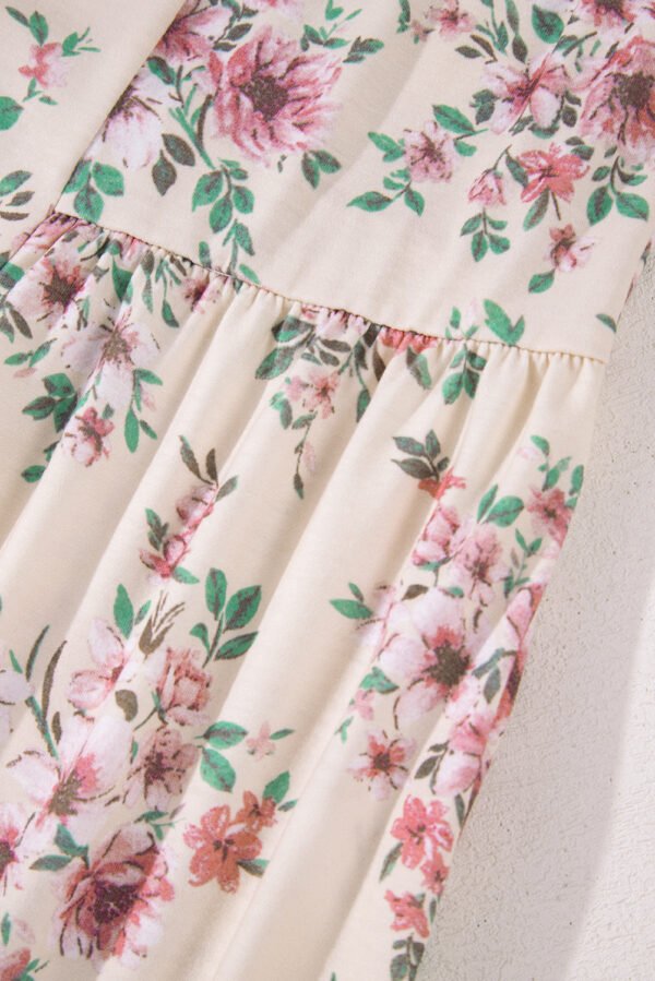 Pink Floral Print Pleated U Neck Loose Fit Blouse