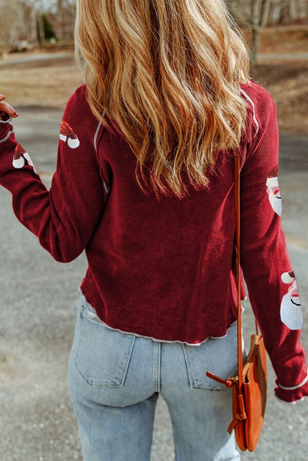 Red Sequin Santa Claus Graphic Textured Long Sleeve Top