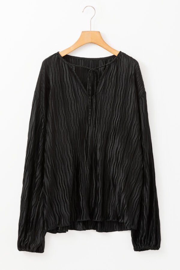Black Textured Bubble Sleeve V Neck Loose Blouse